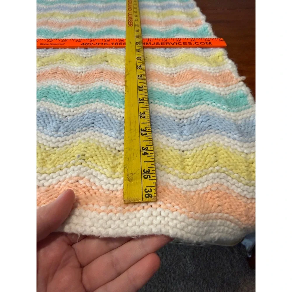 Handmade Pastel Chevron Knit Baby Blanket Blue‎ Yellow 37 x 37 Afghan VTG ZigZag